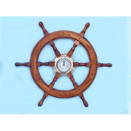 Handcrafted Model Ships Deluxe Class Wood And Brass Ship Wheel Clock 24 in. Ship Wheels Decorative Accent SW-1721A